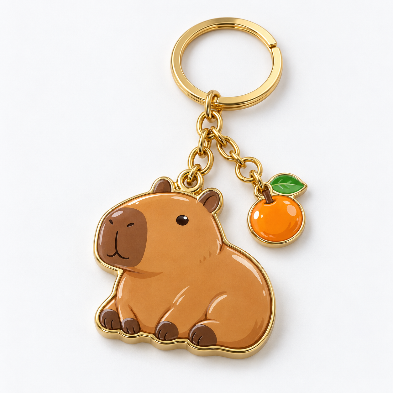 Capybara keychain concept with a small orange fruit charm